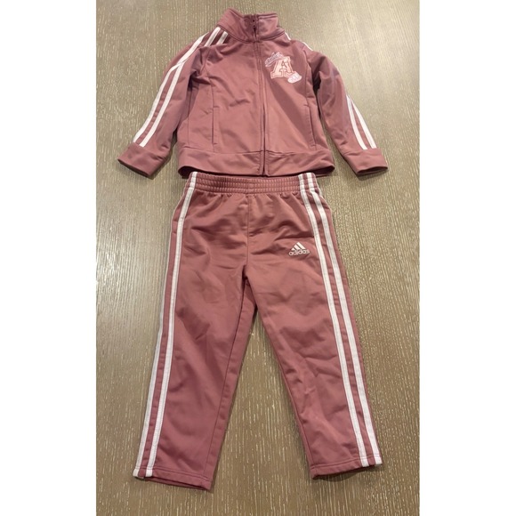 adidas Other - Adidas Girls 2T Tracksuit Set Pink Jacket and Joggers 3-Stripe Varsity Logo